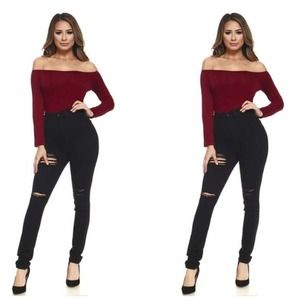 Maroon Long Sleeve Off the Shoulder Bodysuit